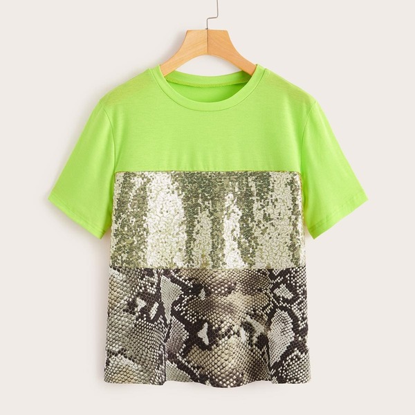 

Contrast Sequin Snakeskin Print Neon Tee