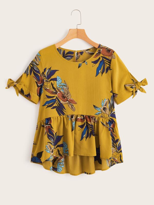 

Plants Print Knot Cuff Ruffle Hem Blouse, Yellow