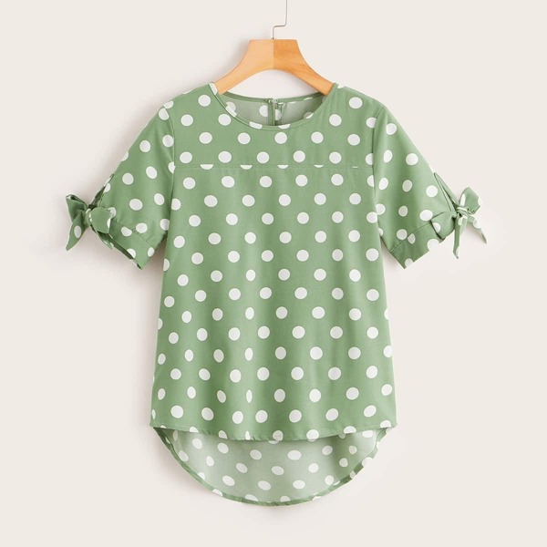 

Polka Dot Knot Cuff Dip Hem Blouse
