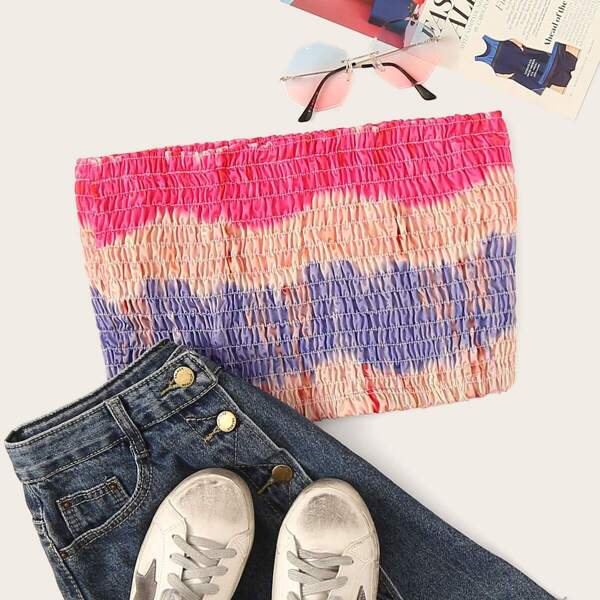 

Tie Dye Shirred Crop Tube Top