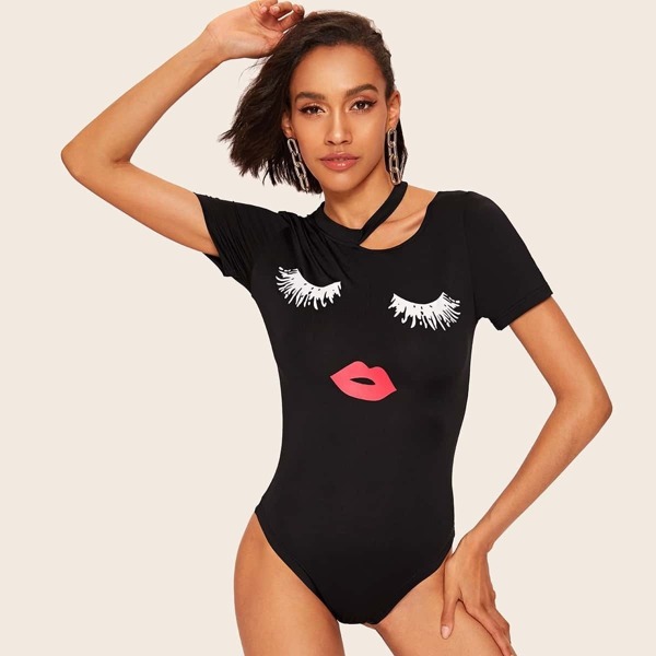 

Eye Print Cut Out Neck Bodysuit