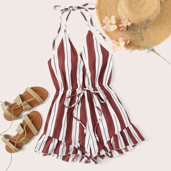 

Striped Drawstring Waist Halter Playsuit