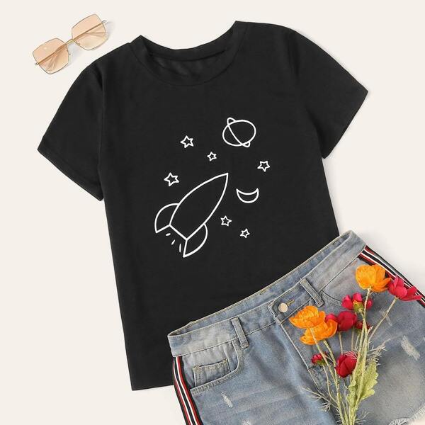 

Rocket & Planet Print Tee, Black