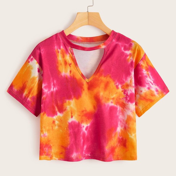 

V-cut Choker Neck Tie Dye Tee, Multicolor