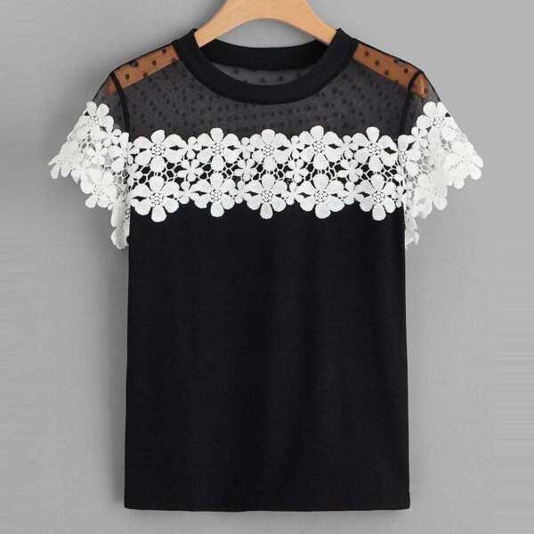 

Plus Guipure Lace Contrast Mesh Blouse, Black