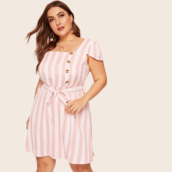 

Plus Button Striped Belted Dress, Pink