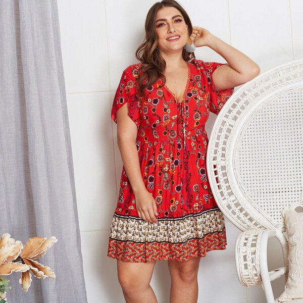 

Plus Floral Print Knot Dress, Red