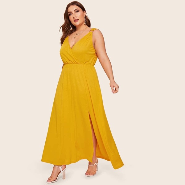 Plus Surplice Front Split Side Dress, Yellow