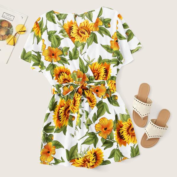 

Plus Sunflower Print Surplice Front Self Tie Romper, Multicolor