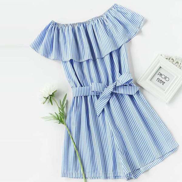 

Plus Ruffle Striped Self Tie Romper