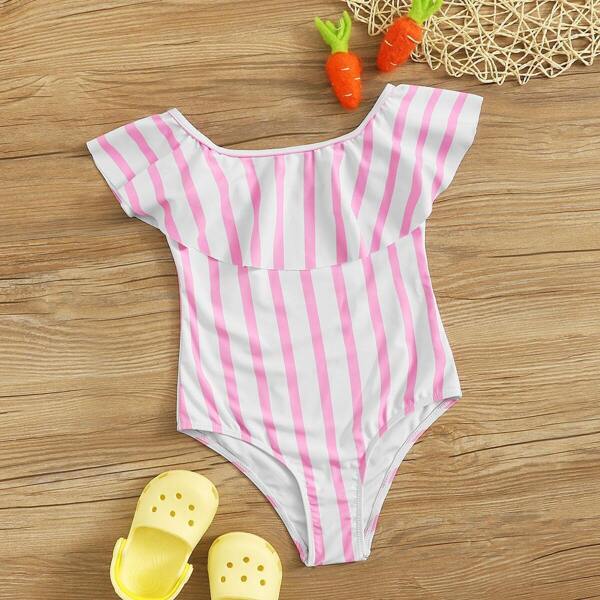 

Girls Striped Flounce Bardot One Piece Swim, Pink pastel