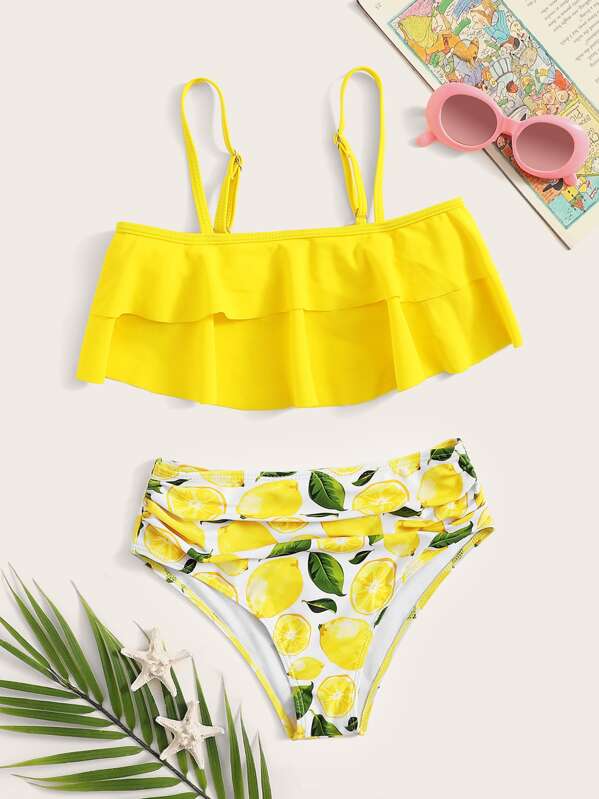 

Girls Tiered Layer Top With Lemon Ruched Bikini, Yellow