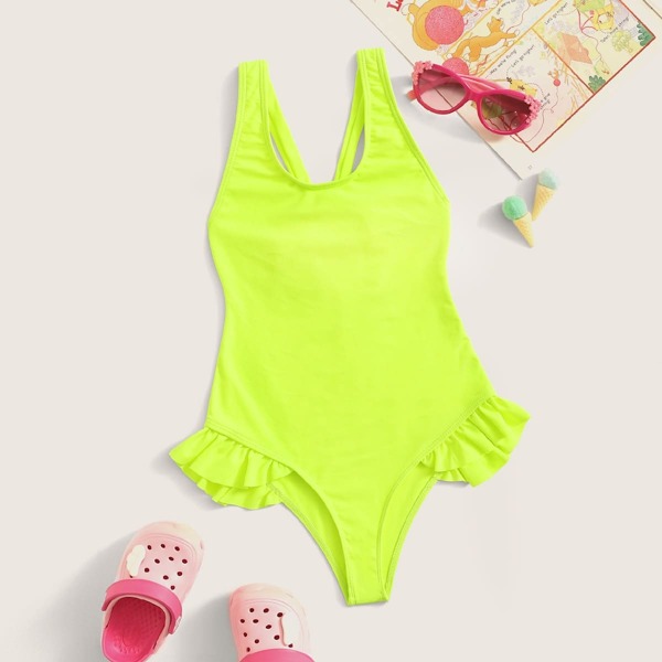 

Girls Neon Lime Ruffle Cross Back One Piece Swim
