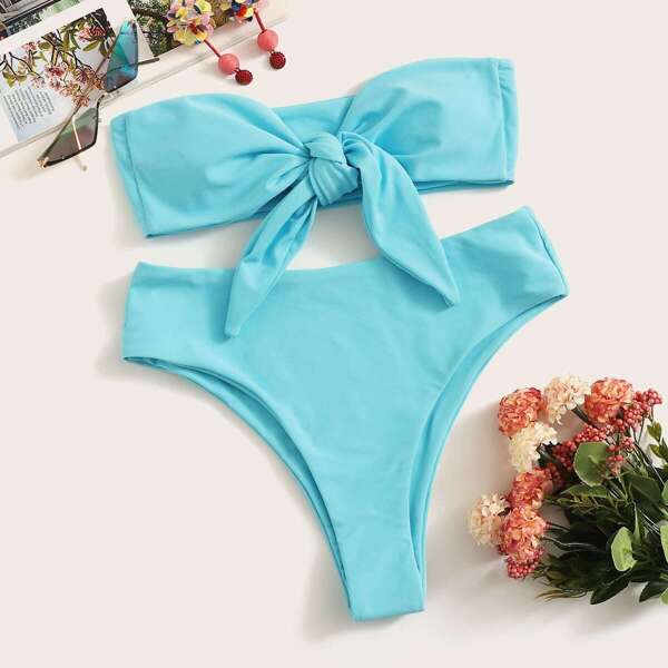

Knot Front Bandeau With High Waist Bikini Set