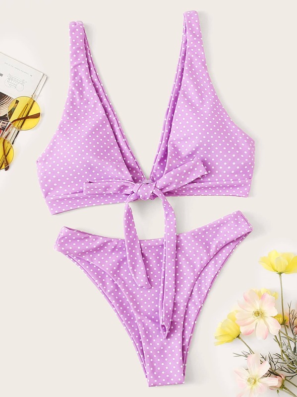

Polka Dot Plunge Top With High Cut Bikini, Purple