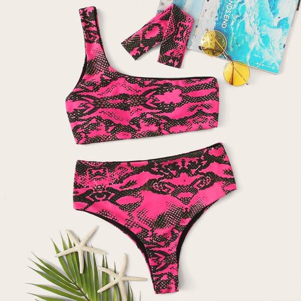 

Snakeskin Print One Shoulder Bikini Set With Choker