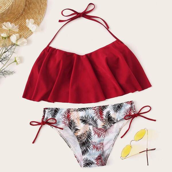 

Flounce Top With Tropical Tie Side Bikini Set