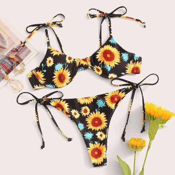 

Random Sunflower Print Self Tie Underwire Bikini Set