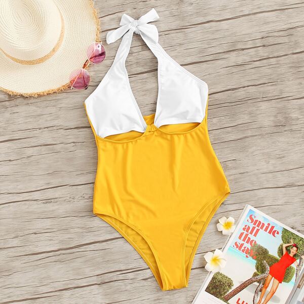 

Two Tone Halter One Piece Swimsuit
