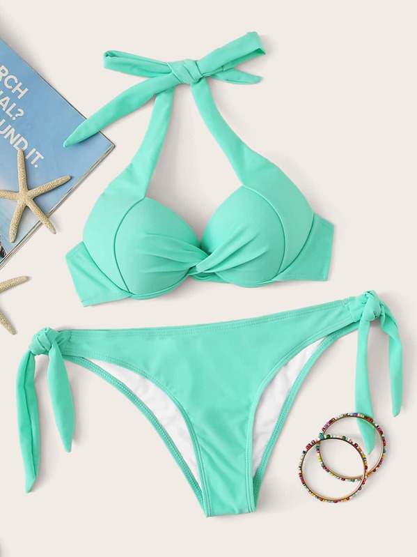 

Twist Underwire Top With Tie Side Bikini Set, Green