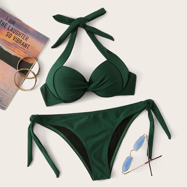 

Twist Underwire Top With Tie Side Bikini Set, Green
