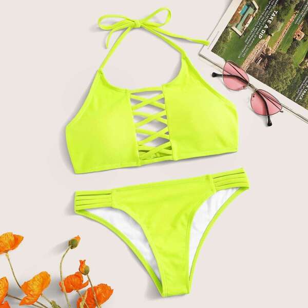 

Neon Lime Criss Cross Bikini Set