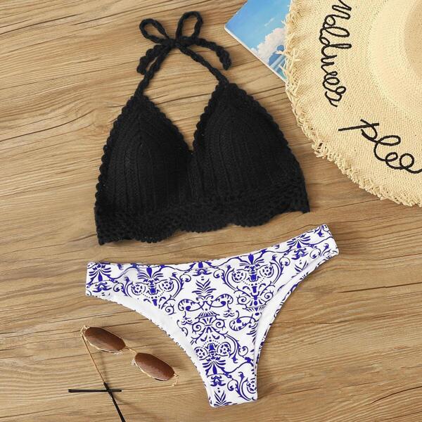 

Crochet Halter Top With Porcelain Print Bikini Set