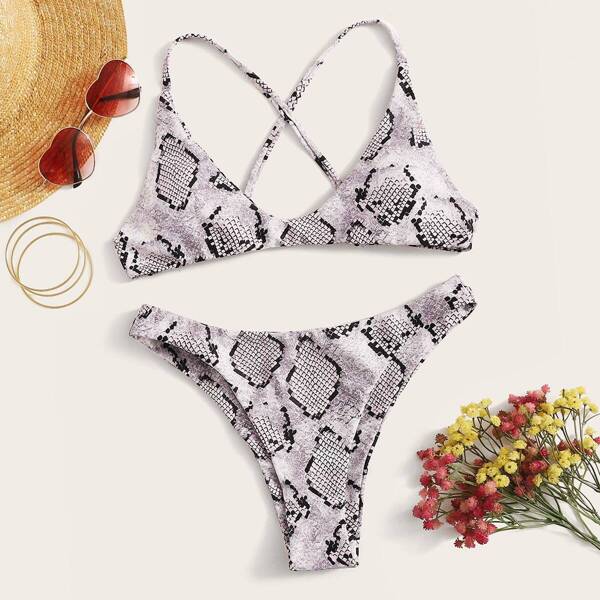 

Snakeskin Print Criss-cross Bikini Set, Multicolor
