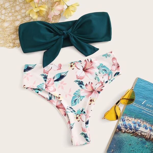 

Knot Front Bandeau With Tropical High Waist Bikini