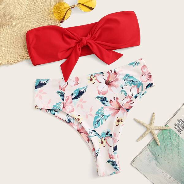 

Knot Front Bandeau With Tropical High Waist Bikini