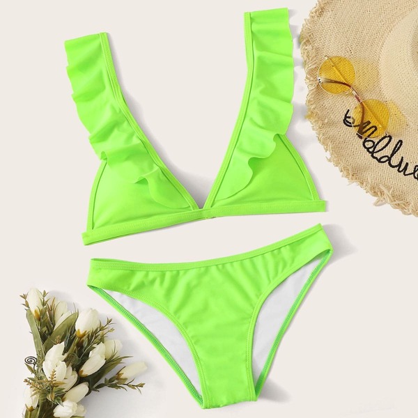 

Neon Lime Ruffle Trim Bikini Set, Green bright