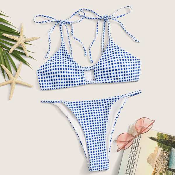 

Gingham Tie Shoulder Top With Tanga Bikini
