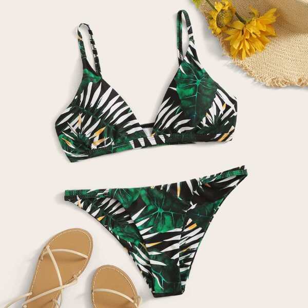 

Palm Print Top With Tanga Bikini Set, Multicolor