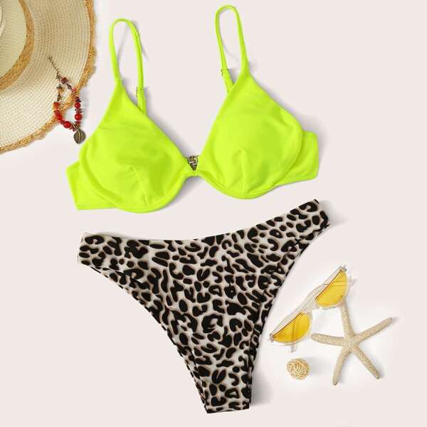 

Neon Lime Underwire Top With Leopard Bikini