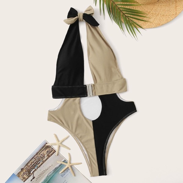 

Two Tone Color Cut-out Buckle Halter Monokini
