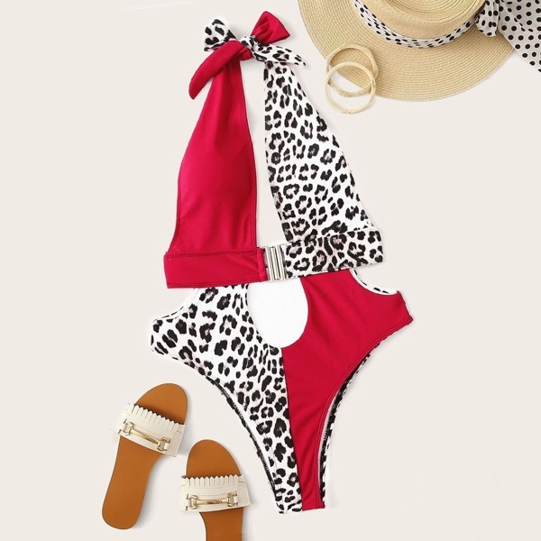 

Leopard Cut-out Buckle Halter Monokini, Multicolor