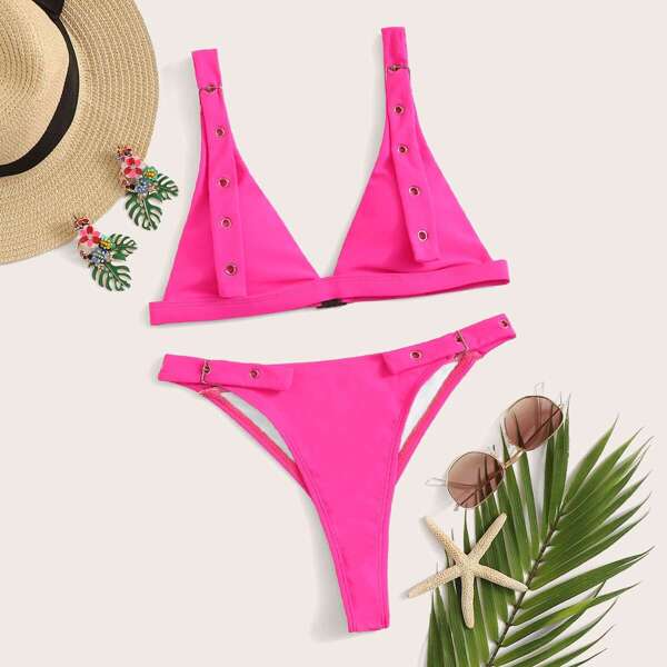 

Neon Hot Pink Eyelet Buckle High Cut Bikini, Pink bright