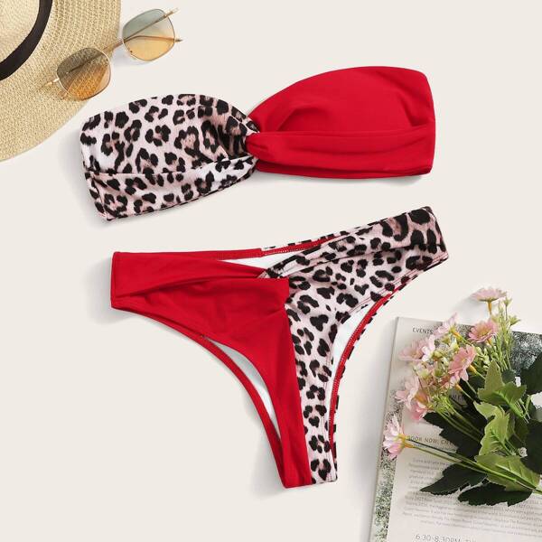 

Leopard Twist Bandeau With Panty Bikini Set, Multicolor