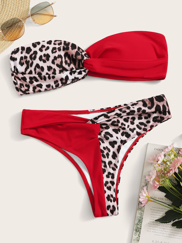 

Leopard Twist Bandeau With Panty Bikini Set, Multicolor