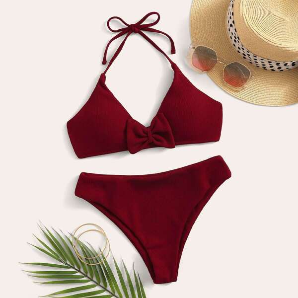 

Bow Decor Halter Top With Hipster Bikini Set