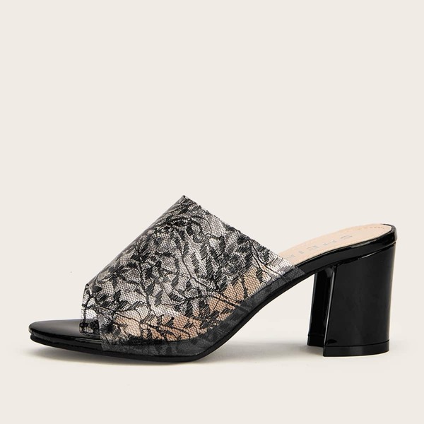 

Open Toe Floral Detail Chunky Heeled Mules