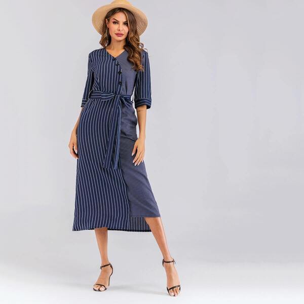 

Contrast Striped Belted Dress