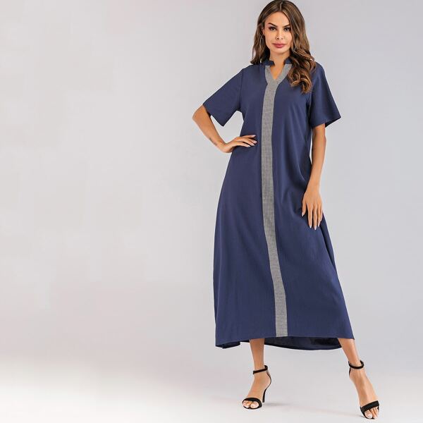 

V-neck Contrast Gingham Cocoon Dress