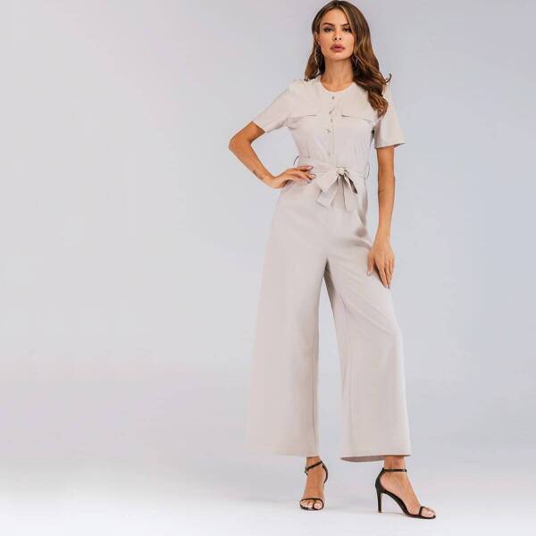 

Button Front Belted Wide Leg Jumpsuit, Grey