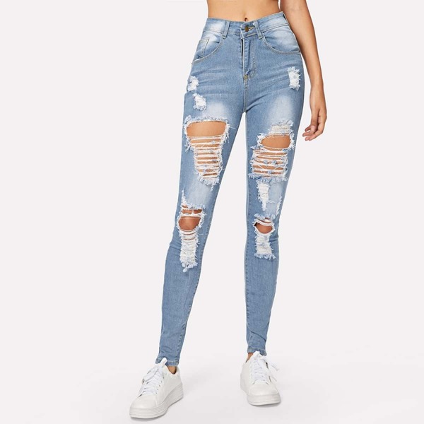 

Stonewash Distressed Skinny Jeans, Light wash