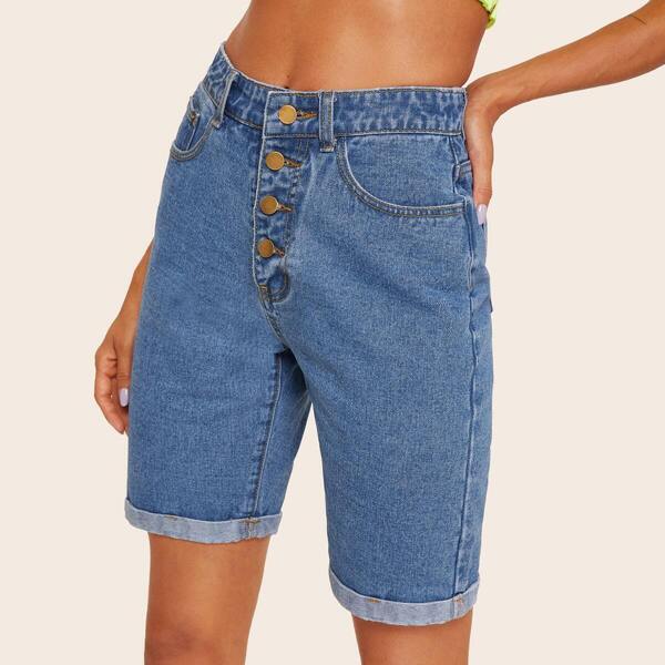 

Rolled Hem Button Front Denim Cycling Shorts