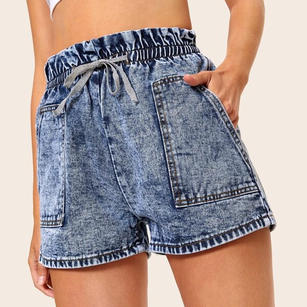 

Pocket Detail Elastic Waist Denim Shorts