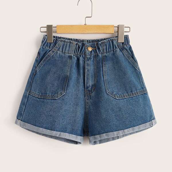 

Pocket Detail Rolled Hem Denim Shorts