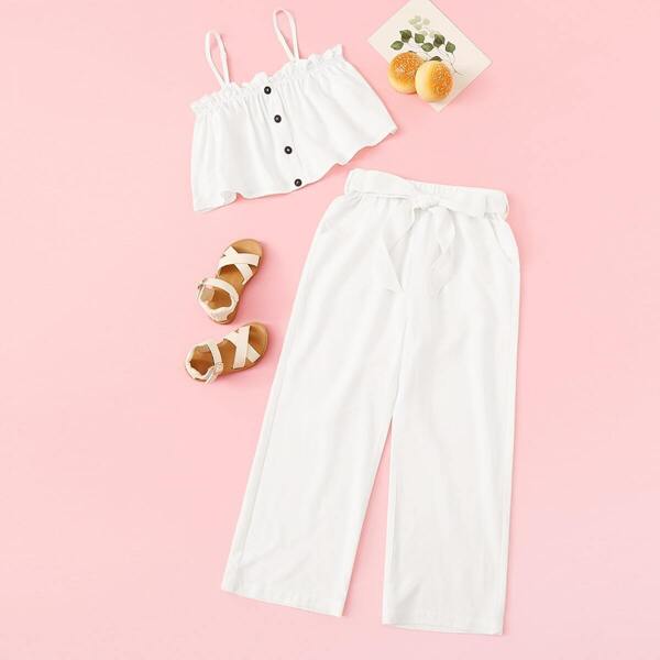 

Girls Button Front Frilled Cami & Belted Pants Set, White