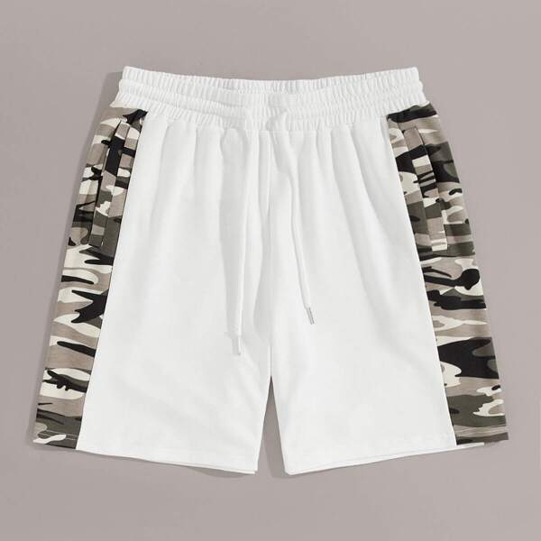 

Men Camo Panel Drawstring Waist Shorts, White